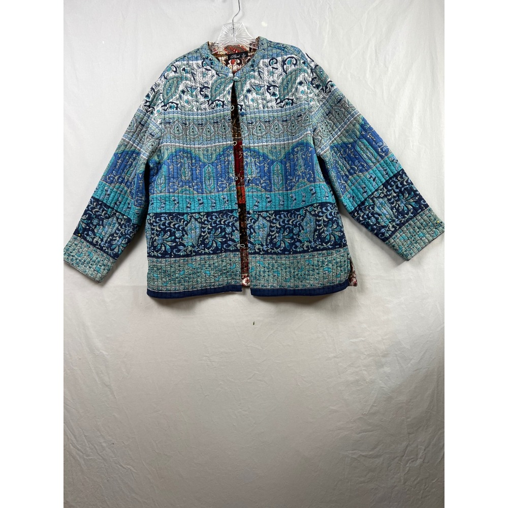 Phool Reversible Quilted Jacket Women Medium Blue Rust Cotton Paisley Boho India